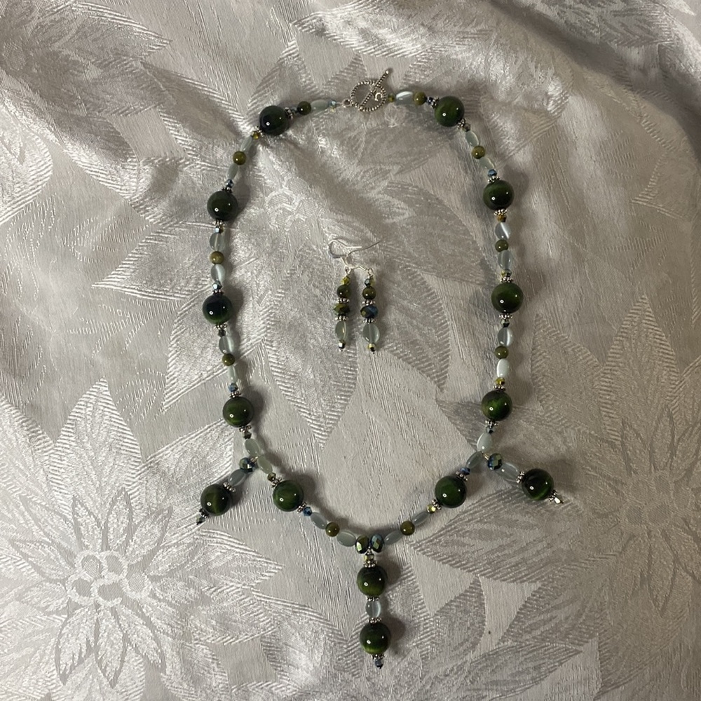 Handcrafted Green Tiger’s Eye Drop Necklace and Earring Set